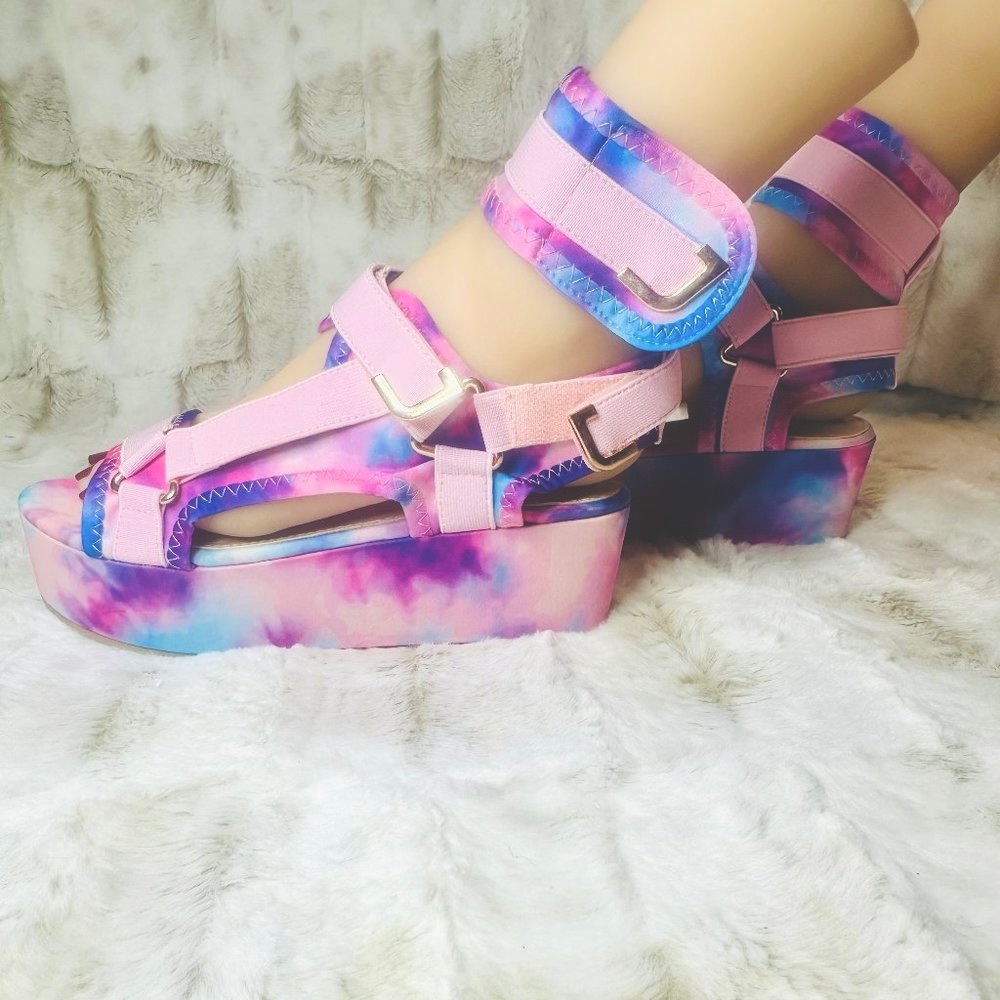 Pazzle Cotton Candy Platform Tie Dye Pink Harness Strap Sandals - Picture 5 of 9